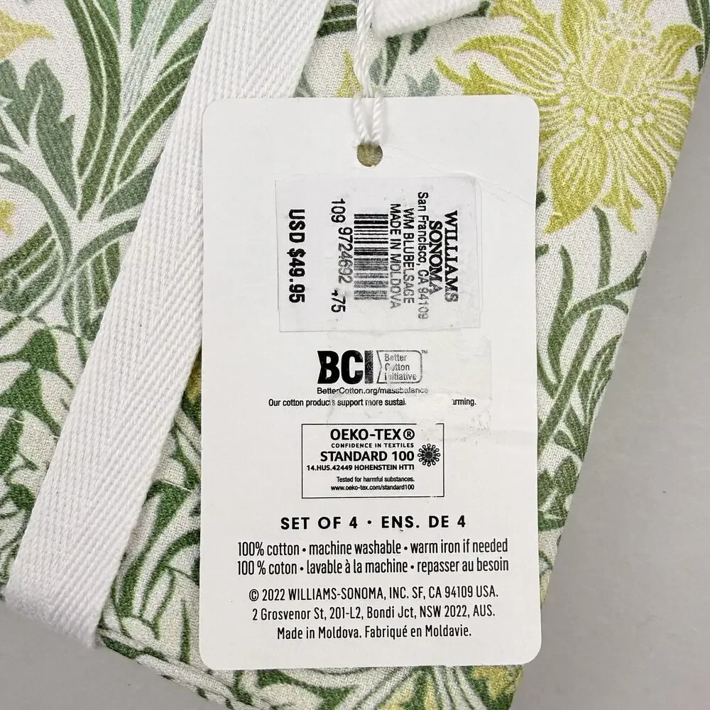 Williams Sonoma X Morris & Co Dinner Napkins Set of 4 Bluebell Sage Green Yellow